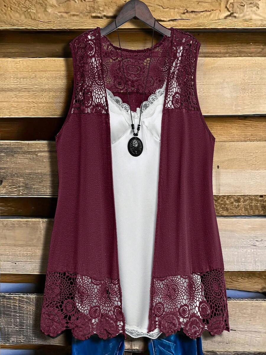 Plus Size Sleeveless Lace Patchwork Jacket, Summer - Burgundy - View 1
