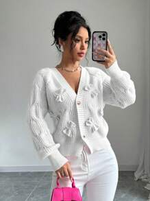 Elenzga Áo len cardigan họa tiết nơ trơn màu đơn giản cho nữ, Thu/Đông - trắng - Xem 1
