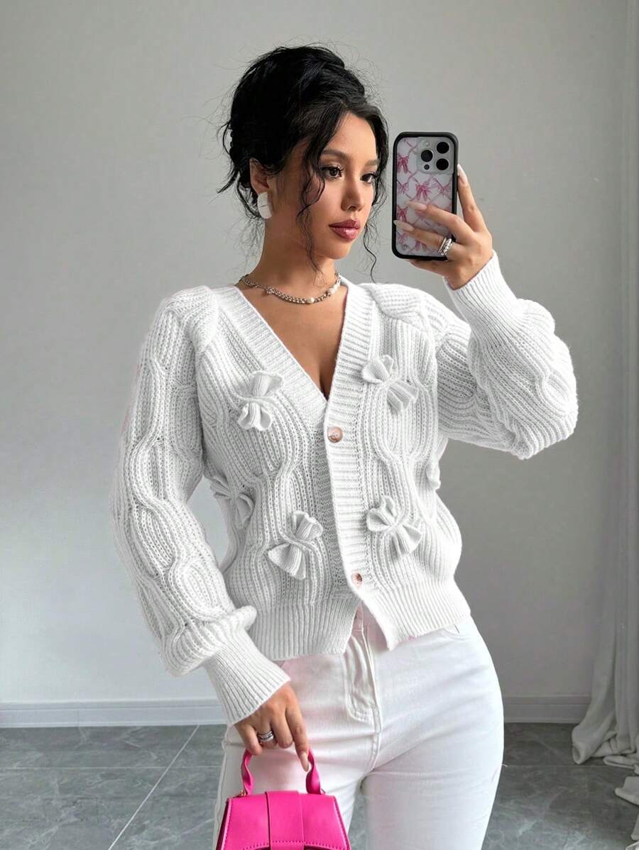 Elenzga Áo len cardigan họa tiết nơ trơn màu đơn giản cho nữ, Thu/Đông - trắng - Xem 1