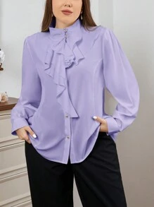 Firerie Camisa elegante para oficina con dobladillo asimétrico con volantes para tallas grandes