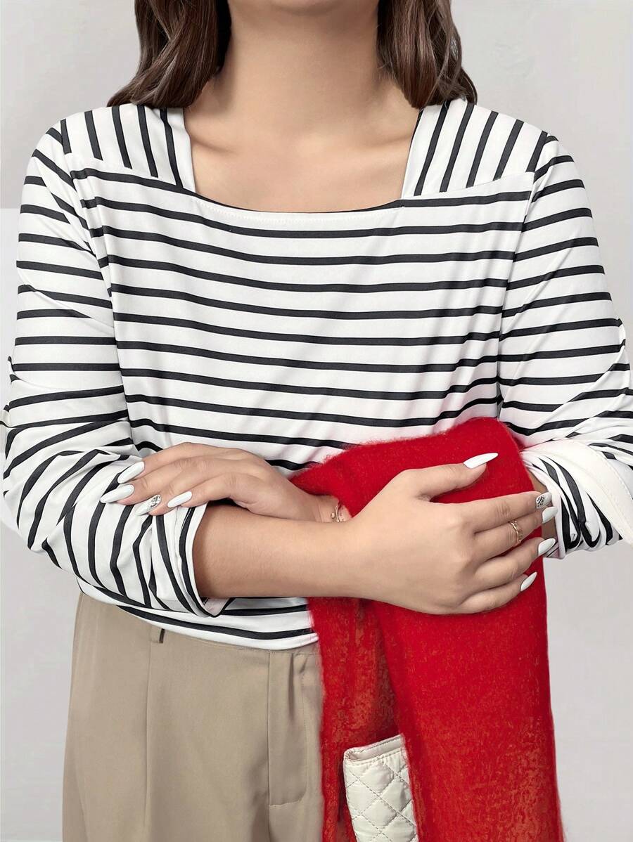 Calvaya Áo thun tay dài cổ tròn in họa tiết sọc cỡ lớn thường ngày - Màu be - Xem 1