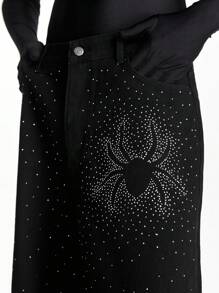 NEON BLANC Halloween Men's Streetwear Spider Print Rhinestoned Jeans, Style Plain Wide Leg Black Washed Jeans, For Husband, Boyfriend Gifts - Black - View 4