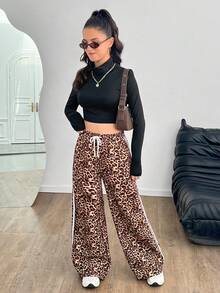 SHEIN Quần ống rộng họa tiết da báo Colorblock cho bé gái tuổi teen mặc thường ngày - Màu Khaki - Xem 4