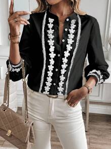 EMERY ROSE 立領/蕾絲邊編輯/前開/插肩袖/休閒