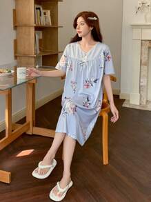 DAZY Floral Print Lace Trim V-Neck Nightgown Pajama - Blue - View 4