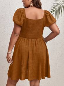 SHEIN VCAY Plus Size Women Solid Color Sweetheart Neck Front Tie Short Puff Sleeve Casual Dress - Khaki - View 2