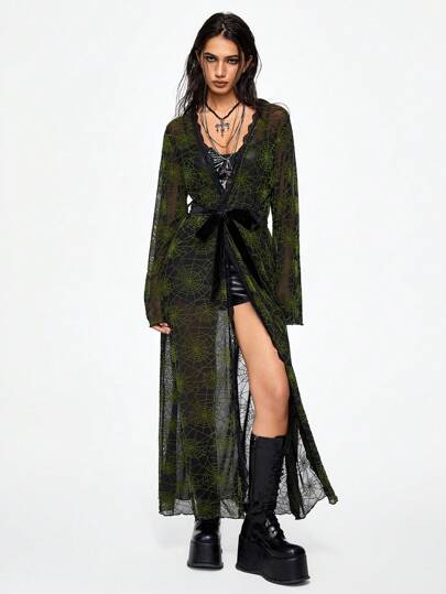 Goth Blusón largo con estampado de araña y planta misteriosa y oscura con aplicación de encaje para mujer