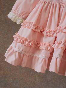 SHEIN Baby Girl Ruffle Collar Floral Embroidered Long Sleeve Dress - Pink - View 6