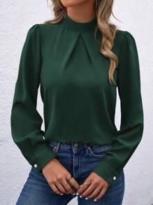 SHEIN LUNE Women's Solid Color Stand Collar Long Sleeve Elegant Blouse, Spring And Autumn,Long Sleeve Tops - Dark Green - View 5