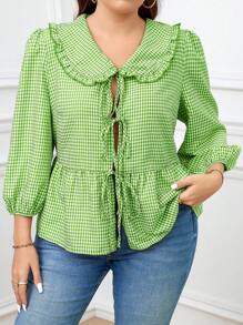 SHEIN Essnce Bluzka damska w kratkę gingham w dużych rozmiarach, z bufiastymi rękawami i kokardą z przodu