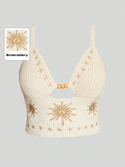 Blusa hippie de punto para mujer con ojo de sol bordado