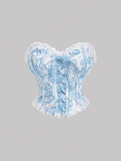 SHEIN MOD Ladies' Lace-Up Decor Flower Pattern Bustier With Floral Patchwork,Milkmaid Tops,Cute Summer Tops,Valentine Outfits