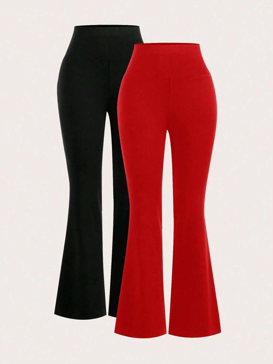 SHEIN Girlism 2pcs Teen Girls Casual Versatile High Waist Elastic Knitted Flared Black & Grey Pants Set - Red - View 1