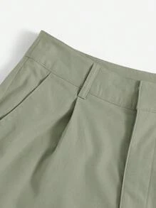 SHEIN Essnce 纯色休闲编织短裤，带口袋，夏季 - 橄欖綠 - 查看 4
