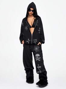 ROMWE Grunge Punk Bộ 2 áo crop top và quần short họa tiết đầu lâu và trái tim đính đá phong cách Y2K dành cho nữ - màu đen - Xem 2