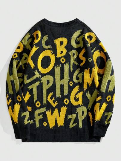Street Life Pull col rond casual à manches longues avec texte anglais en jacquard, pour le port quotidien pour hommes