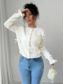 Chiquease Chaqueta de punto de manga larga con decoración de lazo, para otoño/invierno, tops de manga larga para mujer