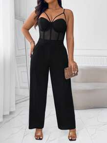 SHEIN Privé 加大码纯色网眼撞色镂空口袋无袖连体裤 - 黑色 - 查看 6