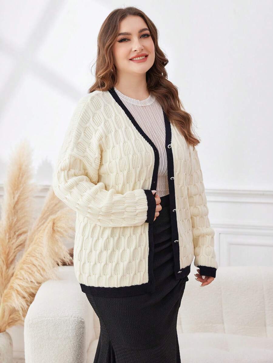 Mulvari Plus Size Casual Colorblock Fringe Trim Open Knit Cardigan, Autumn Winter Fall Cloth For Women - Black and White - View 1