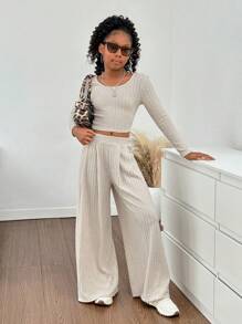 SHEIN Leap Crew Tween Girls' Ribbed Fitted U-Neck Long Sleeve Top & Loose Wide Leg Pants 2-Pc Set - Apricot - View 3