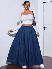 SHEIN ICON Falda de mezclilla plisada de moda informal de talla grande para verano y otoño