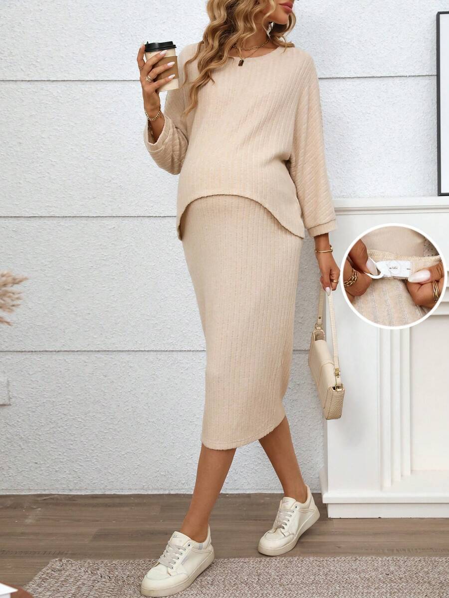 SHEIN Maternity 2-delige casual dames vleermuismouwen geribbelde crop top en rokset