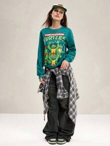 TEENAGE MUTANT NINJA TURTLES | SHEIN Winter, Cartoon Pattern Green Warm Loose Sweatshirt, Christmas Sweatshirt, Fuzzy Fabric, Velvet Fabric, Cartoon Pattern Printing, Casual, Festive