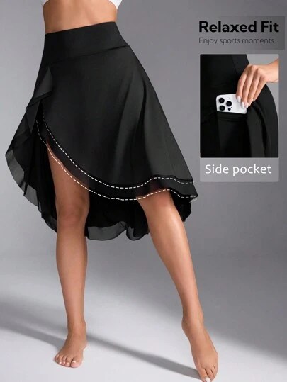 Easithlete Women's Elegant Activewear Skirt With Side Slit, Anti-Flashing, Sexy, Suitable For Running, Workout, Daily Wear, Double Layer, With Pockets