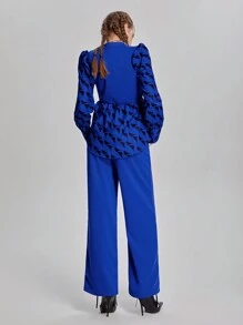 SHEIN 2 件套青少年女孩字母和几何印花长袖上衣和裤子休闲装，春/秋 - 藍色 - 查看 4