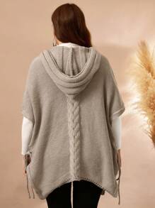 Plus Size Hooded Collar Cable Cable Solid Color Batwing Sleeve Pullover Sweater Knit Pullover Fall Winter - Khaki - View 2