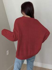 DAZY 秋季圆领宽松麻花针织休闲毛衣 - 酒紅色 - 查看 2