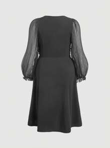 SHEIN MOD 大码灯笼袖腰带甜美浪漫修身连衣裙 - 黑色 - 查看 2