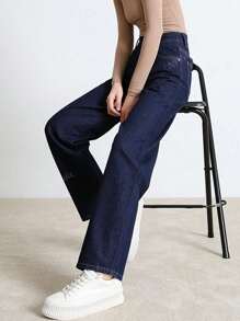 NVFelix Nouveaux jeans droits délavés polyvalents et décontractés pour femmes avec design de poches. Vêtements simples et multifonctionnels pour la rentrée scolaire