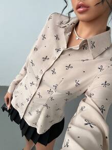 Gloray 波尔卡圆点蝴蝶结印花修身长袖衬衫女式衬衫，长袖上衣 - 卡其色 - 查看 5