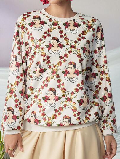 Frida Kahlo X SHEIN Sudadera informal con cuello redondo y gráfico de figura para mujeres