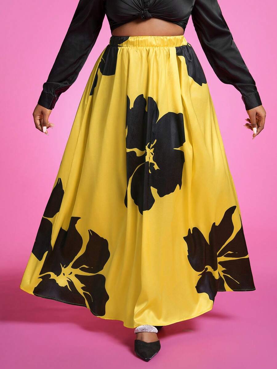 Slaydiva Plus Size Women Elastic Waist Floral Print Elegant A-Line Skirt