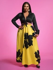 Slaydiva Plus Size Women Elastic Waist Floral Print Elegant A-Line Skirt