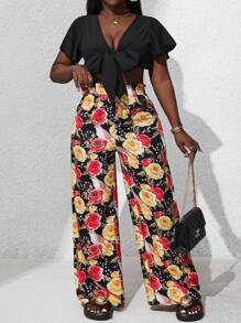 Breezaya Ensemble de deux pièces femme avec Top à manches courtes à volants et bretelles + pantalon imprimé en couleur block - Noir - Voir 5
