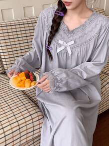 DAZY Lace Trim Ruched Design Sweet Nightgown - Dusty Purple - View 4