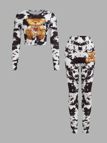SHEIN LUNE 2 件套女士休闲卡通熊印花长袖上衣和紧身裤套装，春秋 - 彩色 - 查看 1