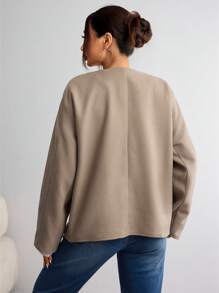 SHEIN EZwear 休闲纯色前扣口袋长袖宽松女式大衣 - 棕色 - 查看 5