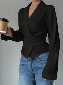 Selianne 女式优雅纯色翻领长袖修身衬衫，春季和秋季