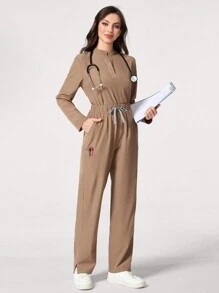 TaskEZ 1set Solid Long Sleeve Top And Pants Nursing Scrub Uniform Set - Khaki - View 5