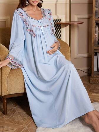 Moonlight & Mama 孕妇撞色荷叶边风琴褶蝴蝶结装饰宽松睡裙，秋冬款