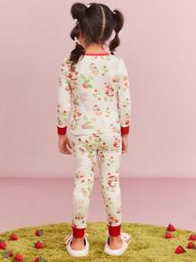 Strawberry Shortcake X SHEIN Conjunto de pijamas para meninas, 2 peças, estampa de desenho animado, camiseta casual e leggings, ajuste confortável, para o Natal