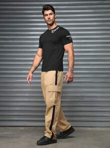 Manfinity Homme 男式撞色抽绳口袋休闲裤 - 駝色 - 查看 3