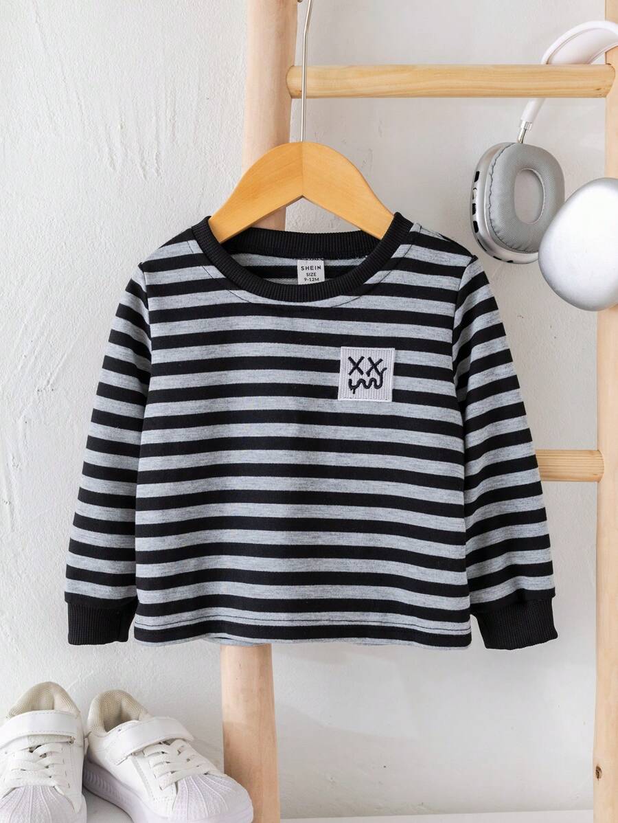 SHEIN Simple Graphic Embroidered Striped Long Sleeve Crewneck Knit T-Shirt For Baby Boys Girls, Suitable For Commute, School, Home, Casual, Party, Outdoor Play