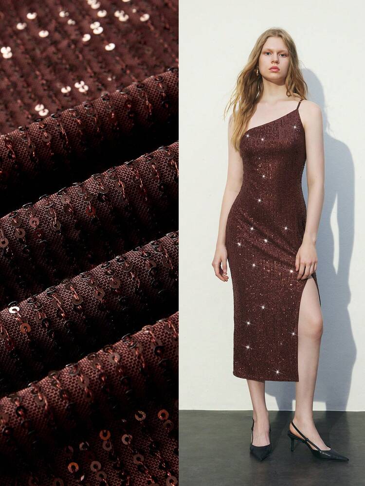 SHEIN Maija Women Autumn Burgundy Solid Sequined Sleeveless Side Split Hem Maxi Knitted Dress