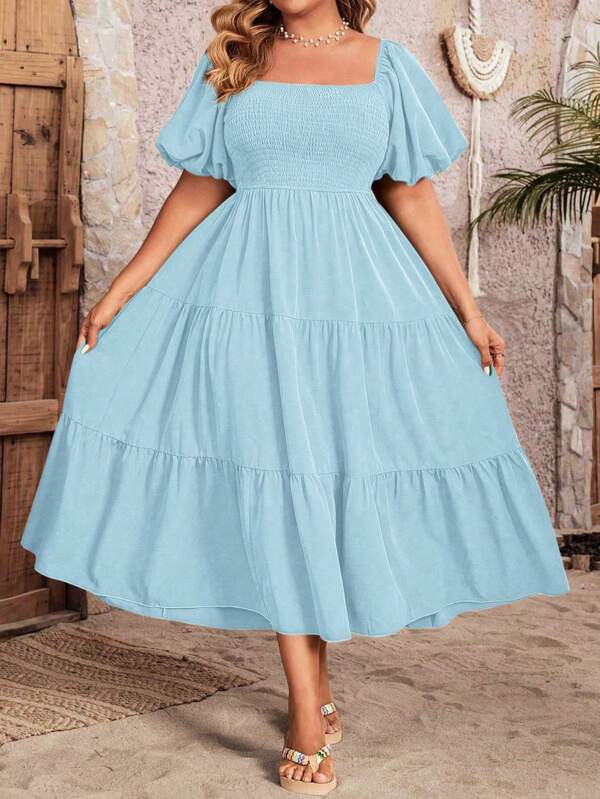 Celure Plus Size Women Vacation Leisure Solid Color Bubble Sleeve Wrap Waist Dress Women Outfit, For Summer