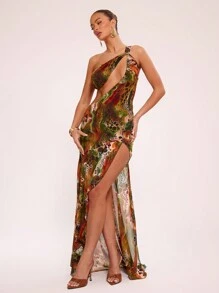 MUSERA 单肩垂褶长款连衣裙，适合度假、夏季、婚礼、毕业典礼、舞会、优雅圣诞节、秋季和冬季穿着。